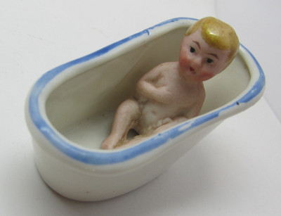 Antique German ? Victorian Dollhouse Miniature Porcelain Boy Porcelain Bath Tub