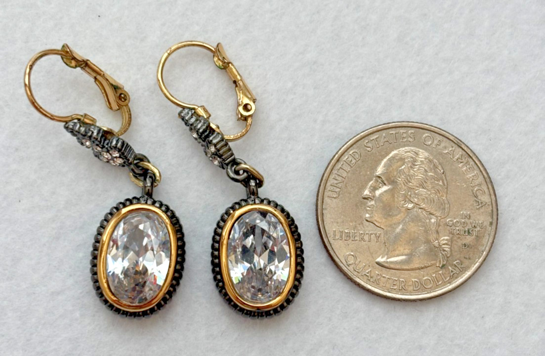 Two Tone Dangle Earrings Unsigned Sparkly Clear S… - image 4