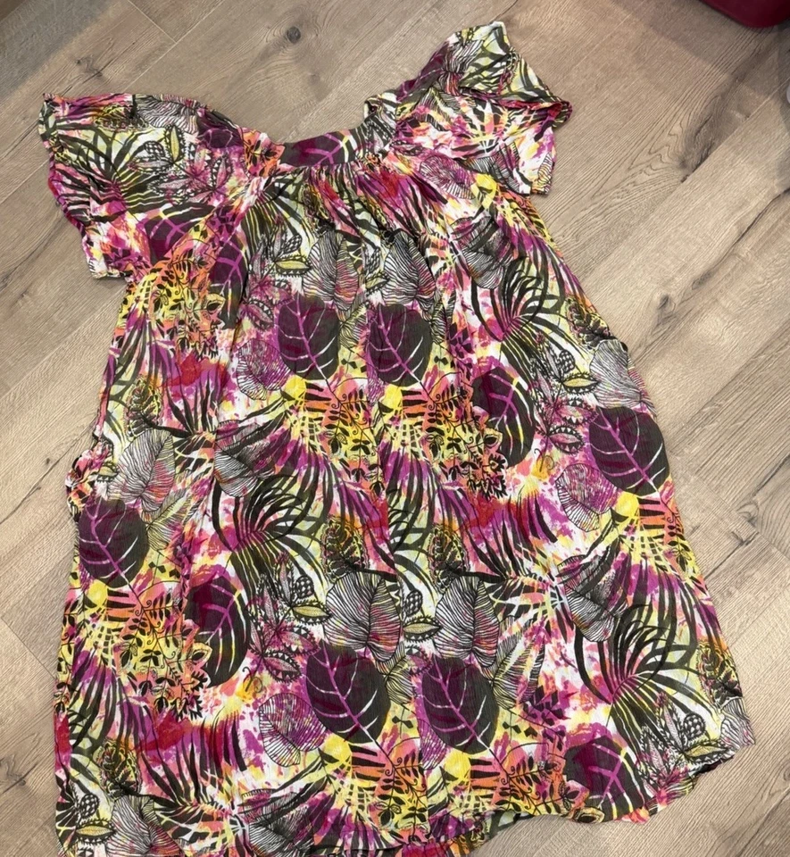 Go Softly Patio Dress L Multicolor Floral Lounge House Caftan Short Sleeve - Image 3 of 3