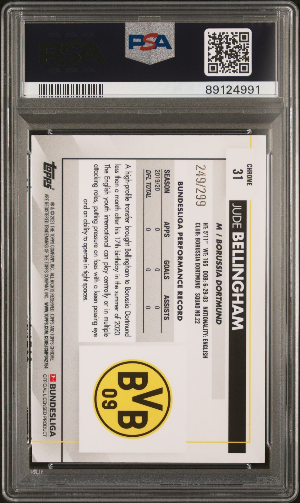 2020 TOPPS CHROME BUNDESLIGA #31 JUDE BELLINGHAM ROOKIE RC 249/299 PSA 10 view 2