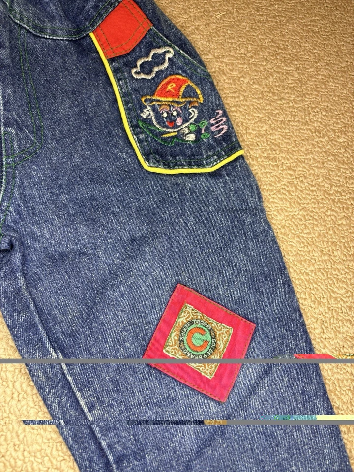 Pantalones de mezclilla bordados vintage años 90 con retazos para niños talla 5/6 bloques de colores Y2K Foto 4 de 4