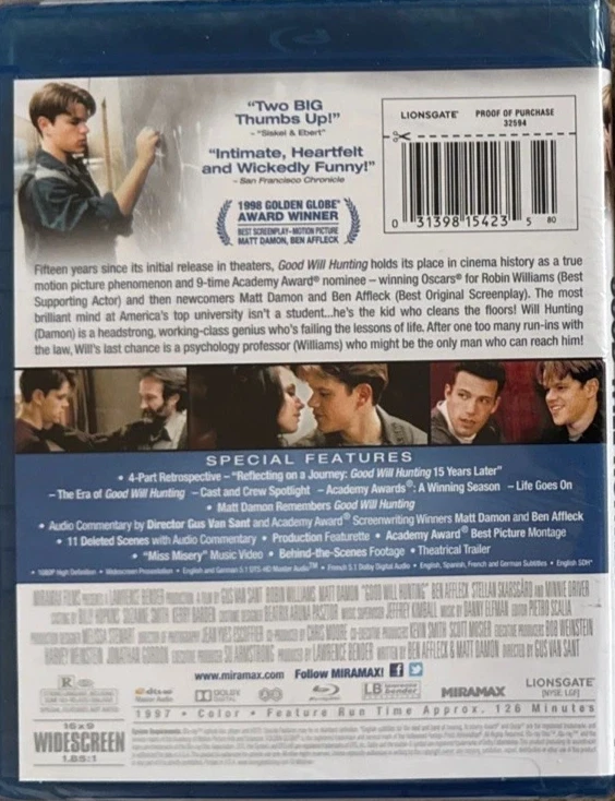 Good Will Hunting Blu-ray 2012 15th Anniversary Edition Slipcover (US-New/Sealed - Image 2 of 2