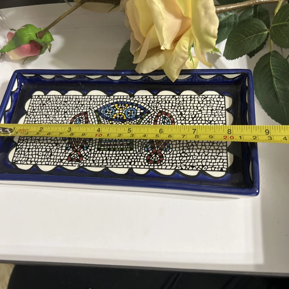 Plato decorativo de cerámica hecho a mano colorido diseño de mosaico vajilla única decoración del hogar Foto 3 de 4