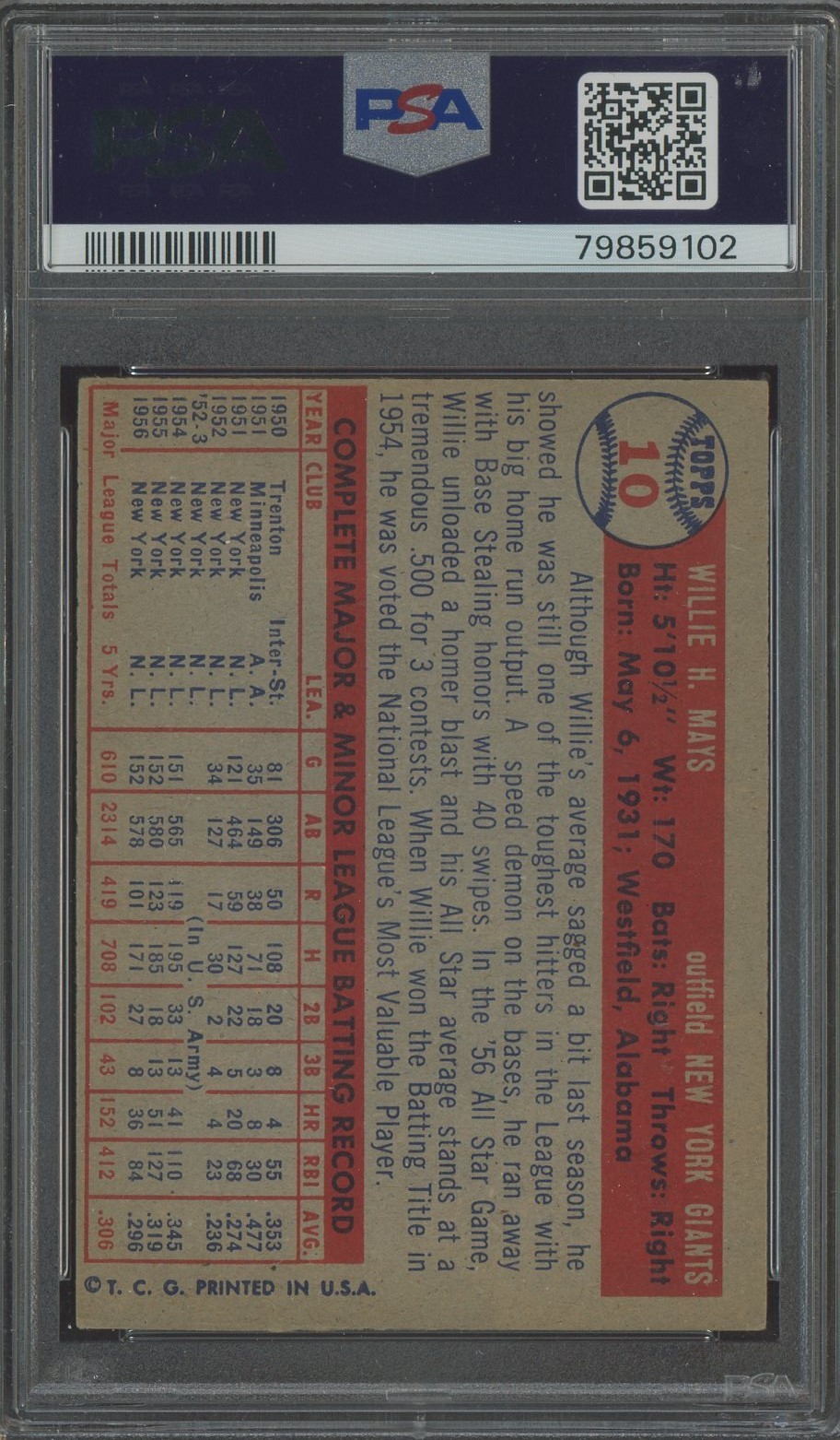 1957 Topps #10 Willie Mays San Francisco Giants HOF PSA 5 EX view 2