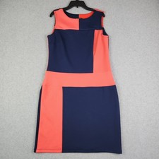 Enfocus Studio Sheath Dress Womens 8 Blue Coral Colorblock Sleeveless Round Neck