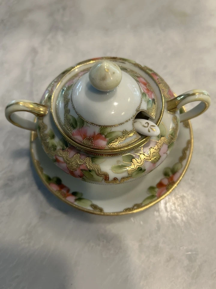 NORITAKE GREEN "M" Nippon Covered Sugar Bowl W/Attached Under plate, Lid, Spoon - Image 2 of 4