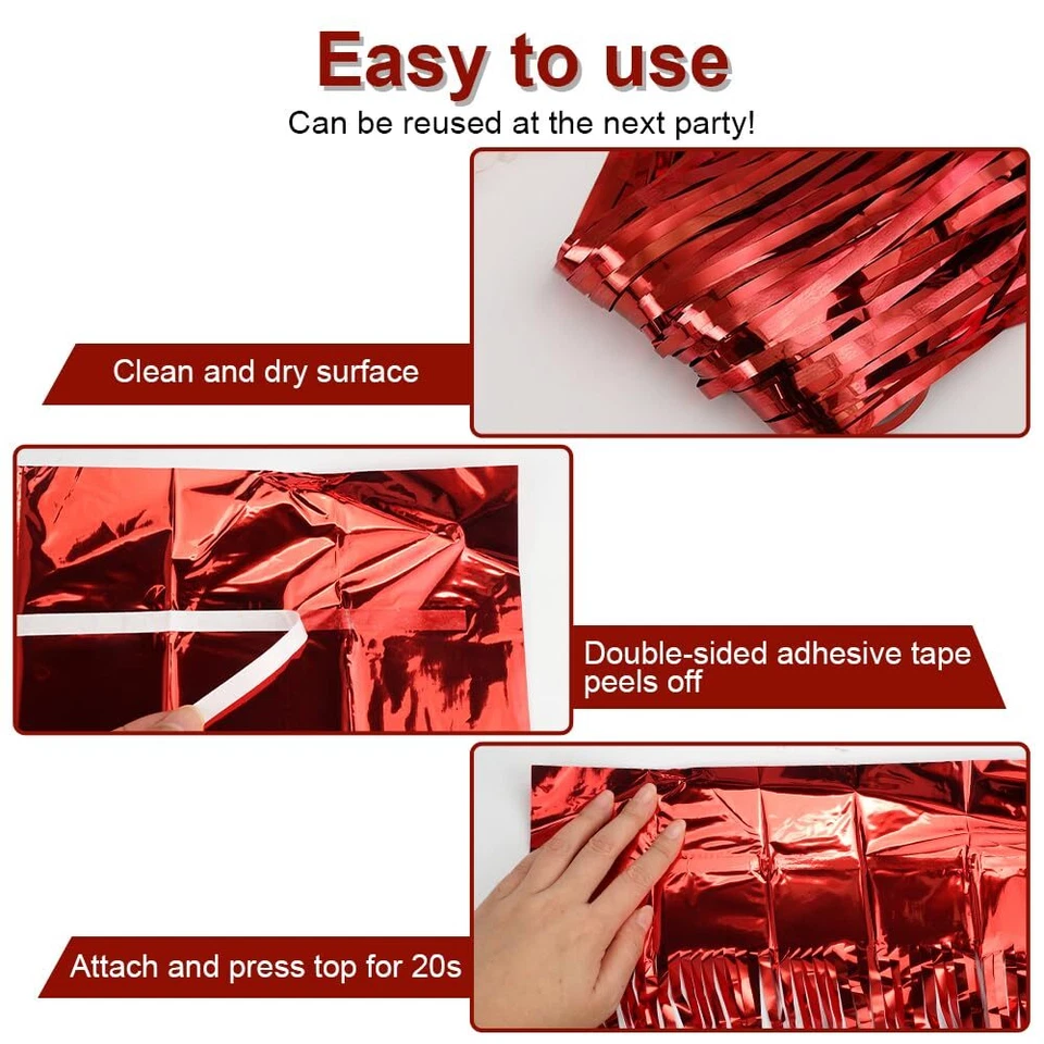 6 Pièces Rideau Anniversaire 1m X 2m Rouge Rideau Métallique de Frange Rideau... - Photo 4/4