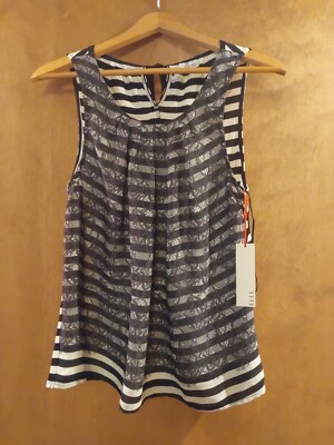 Elle Womans Black White Lace Print Striped Keyhole Back Chiffon Tank Small NEW