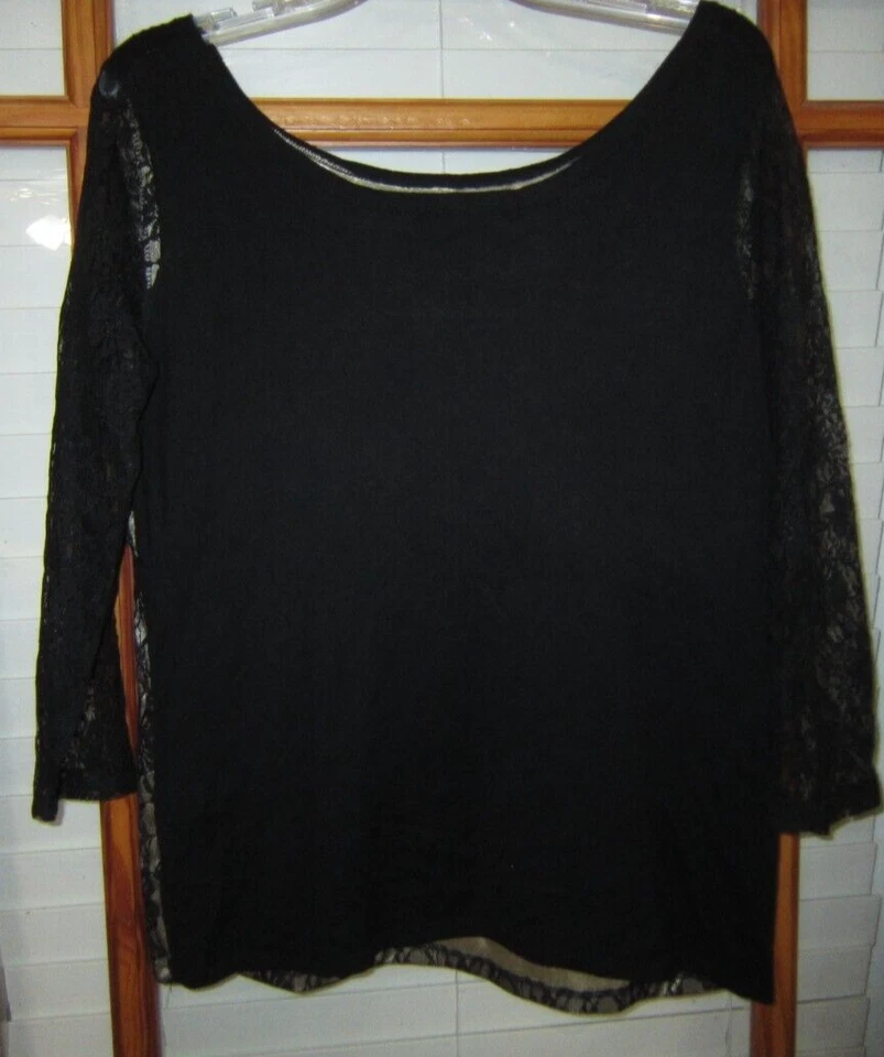 Blusa top August Silk XL de seda con encaje floral dorado negro Foto 4 de 4