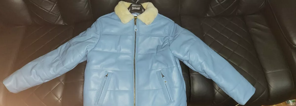 Supreme Schott FW21 Medium Blue leather puffer jacket very warm.