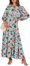 Women's Summer Boho V-Neck Puff Sleeve Floral Flowy Maxi Dress