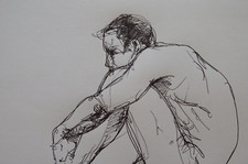 Ink male nude drawing of a male nude in a floor seated pose