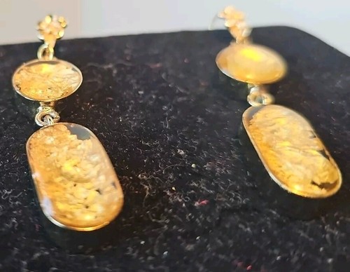 Vintage Lucite & Gold Foil & Gold Plated Earrings Pierced Dangle 1.75"L×0.5"W - Picture 5 of 10