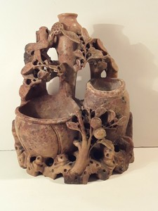 Huge Antique Chinese Soapstone Triple Vase Carving