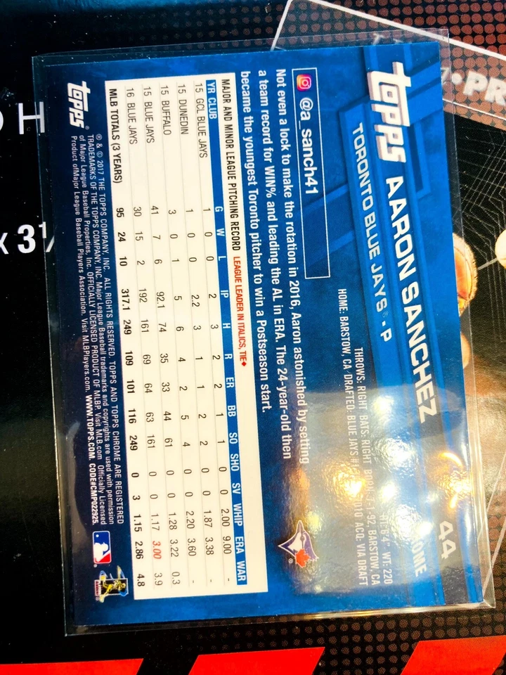 2017 Topps Chrome #44 Aaron Sanchez -PRISM SP BLUE JAYS SSP V805 - Image 2 of 2