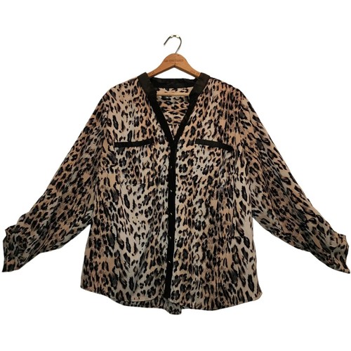 Kim Rogers Shirt Top Faux XL-1X Animal Print Leather Trim V Neck Button Front