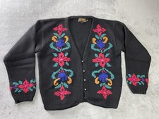 Vintage 1991 Eddie Bauer Knit Cardigan Button Sweater Women  s M Black Floral