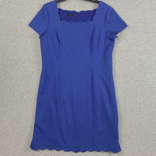 Talbots Dress Womens 14 Blue Scalloped Short Sleeve Knit Sheath Career Modest