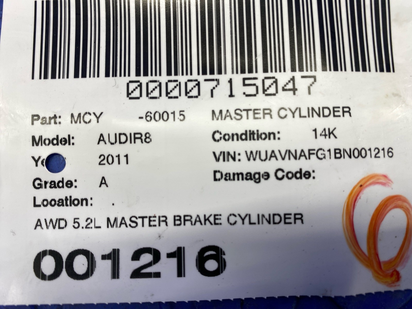 2008-2015 AUDI R8 AWD 5.2L MASTER BRAKE CYLINDER 3D0611021 OEM