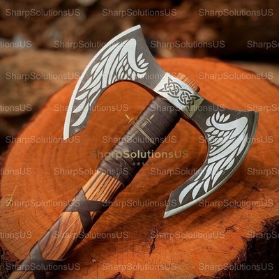 Custom Handmade, High Carbon Steel, Double  Headed, Viking  Axe, Etched Blade,