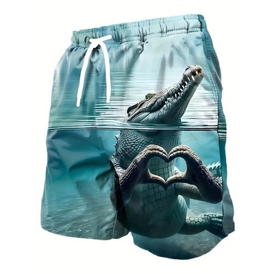 Summer Men's 3D Alligator Printed Beach Shorts - Lightweight Polyester, Suitable