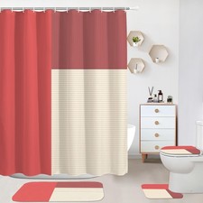 4 Piece Modern Bathroom Set Red Beige Shower Curtain Non-Slip Rugs Decor