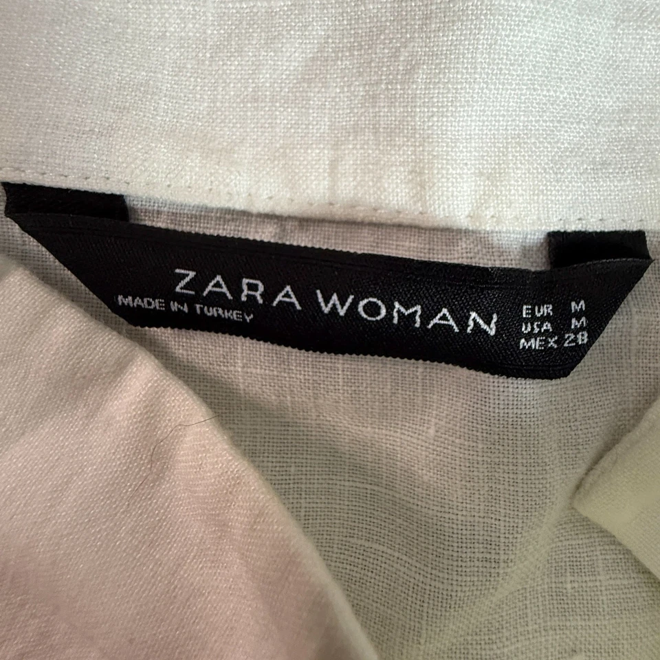 Blusa ZARA Mujer Blanca Lino Cuello Botón Manga Larga Cuello Simulado Talla M Foto 3 de 4
