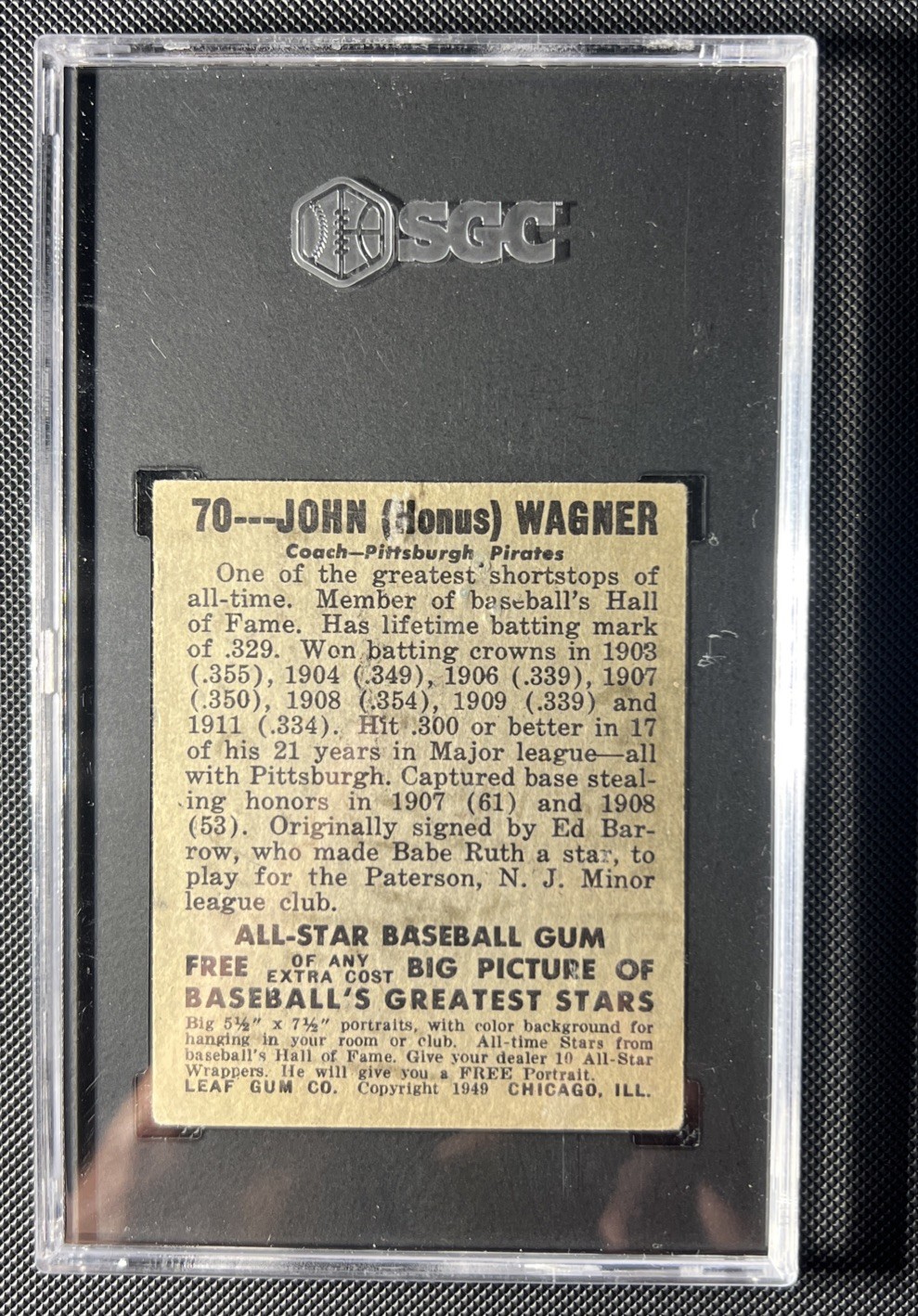 1948-49 Leaf Gum Co. #70 John Honus Wagner Pittsburgh Pirates HOF SGC 1 PR view 2