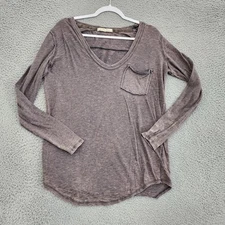 Free People We The Free Shirt Womens Medium Brown Slub V Neck Pocket Long Sleeve