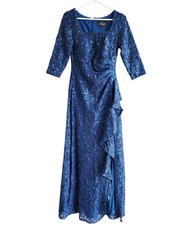 Alex Evenings Womens Dress Blue Sequin Lace Gown 3/4 Sleeves Size 4 MSRP 259