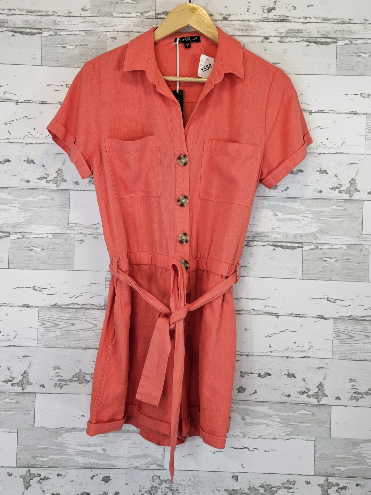 Velvet Heart Linen Blend Short Sleeve Button Front Romper Womens Small Coral