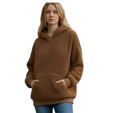 American Eagle Sherpa Teddy Bear Pullover Womens M Brown Hoodie Pockets Cozy