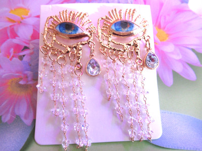 DESIGNER STYLE CLEAR  BEADS GOLDEN LASHES BLUE EYES DROP EARRINGS NWT