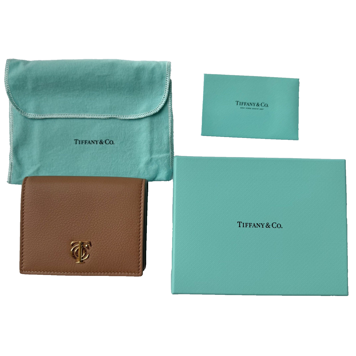Tiffany & Co. Tan Leather Tri-Fold Wallet with Gold Logo Authentic 