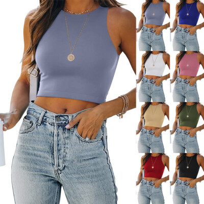 I-Shaped Vest Round Collar Women Sexy Fashion T-shirt Sleeveless Pure Color