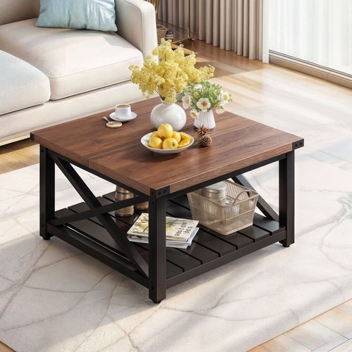 Farmhouse Coffee Table Square Wooden Storage Center Table Living Room Rustic New - Picture 2 of 6