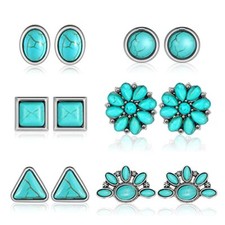 6 Pairs Turquoise Stud Earrings Small Geometric Oval Round Flower Classic Style