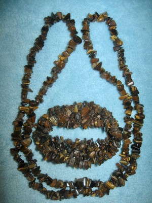 2 Pc Set TIGERS EYE STYLE Chip Bead Necklace 17 1/2'' & Stretch Bracelet