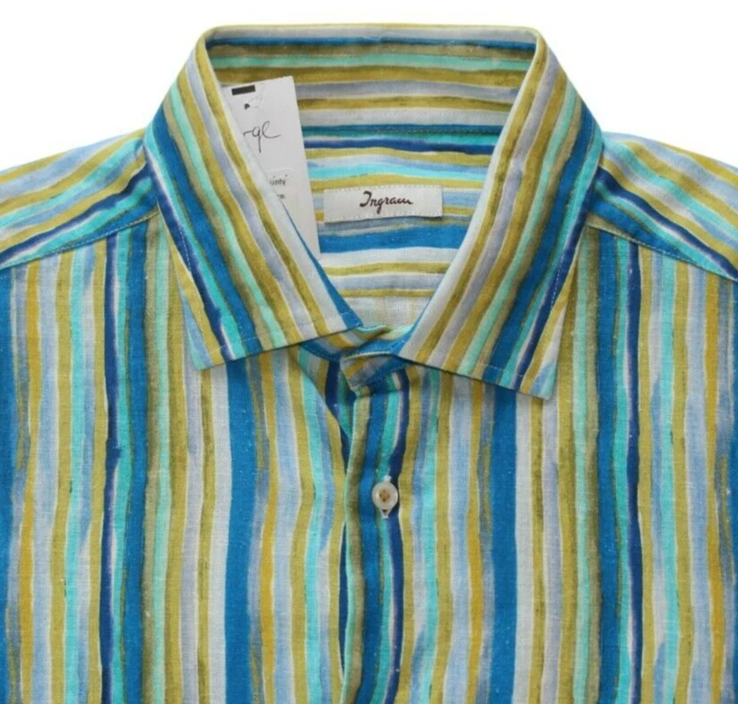 $165 New Ingram Button Casual Shirt Men's Large L Blue Gold Striped LINEN Cotton - Image 3 of 4