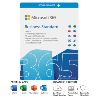Microsoft 365 Business Standard| 1 Nutzer| 15 Geräte| 1 Jahr|Key per eMail|ESD