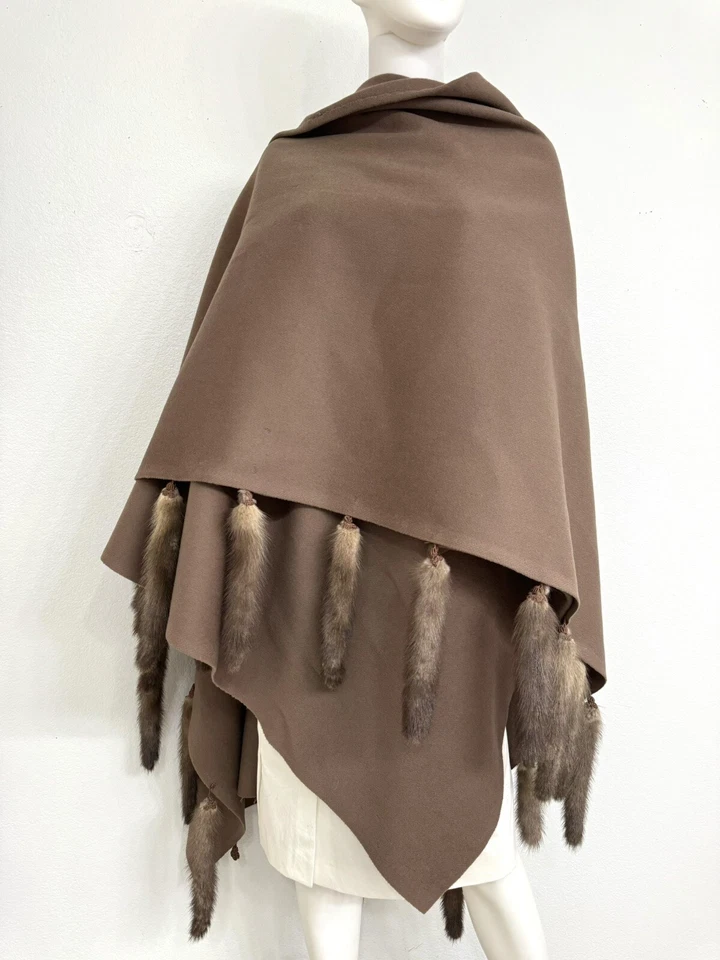 Designer Shawl Cape Poncho Camel Hair W Beaded Russian Sable Fur Trim 60” x 80” - Image 3 of 4