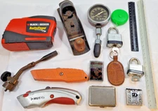 Vintage Tool Lot Stanley Plane Master Lock Lighter Tape Measure Triangular Ruler