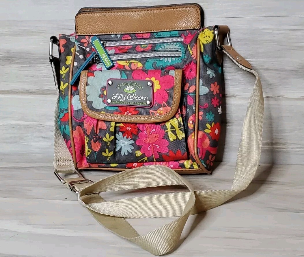 Lily Bloom Green living Crossbody Floral & Cat Purse Zipper & Snap With