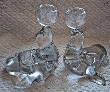 Set Of 2 Clear Art Glass Candle Holders Seal Figurines With Ball On Nose