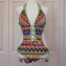 Vintage Y2K Beaded Geometric Print Swimsuit B...