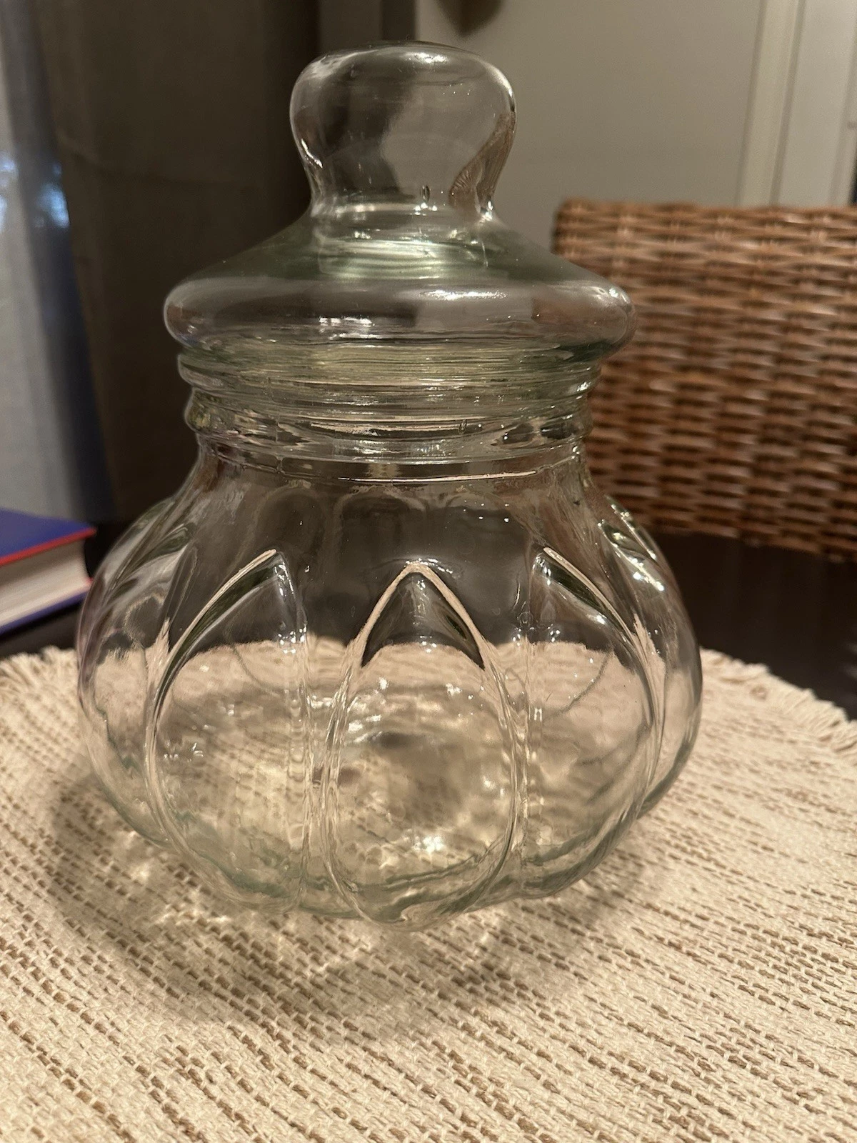 Italian Green Glass Pumpkin Shaped Apothecary Jar w/ Lid 11” Tall Jar -Vintage