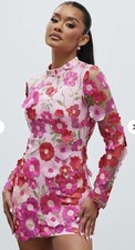 Fashion Nova Luxe Enya Embroidered Mini Dress, Pink Appliqué Floral, NWT, Sz S