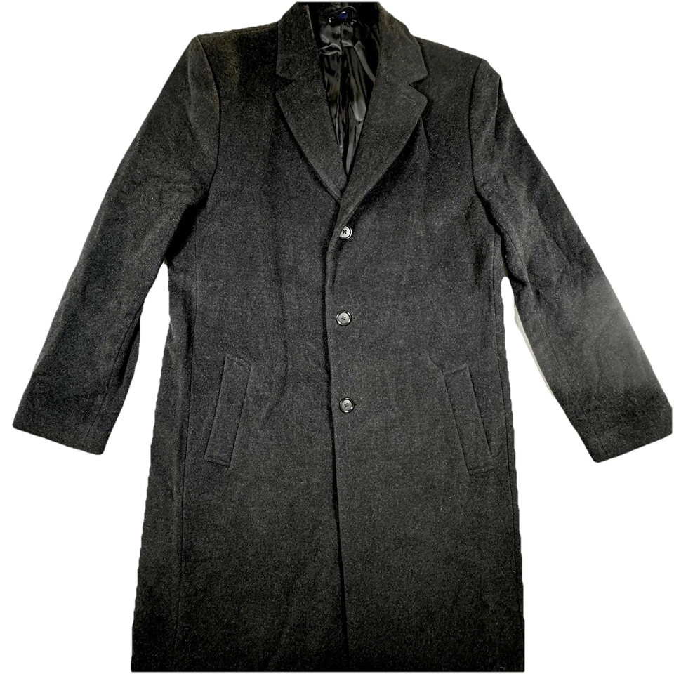 Hathaway Platinum Mens 44L Black Wool Cashmere Overcoat Long Coat Italy Fabric - Image 4 of 4