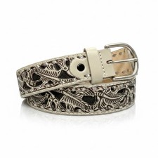 VTG Western Tooled Sz 38 Gray Leather Belt Cowboy Floral Interchangeable Buckle