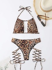Women Bikini Leopard Print Lace up Split Swimsuit
